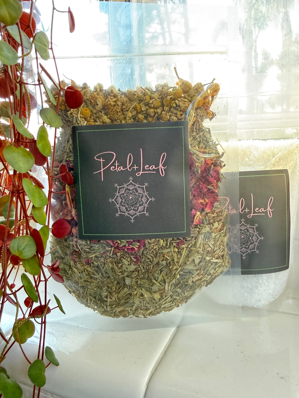 Bag of dried herbs with brand label 